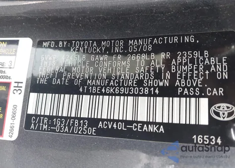 2009 Toyota Camry Le from USA, damaged, VIN 4T1BE46K69U303814